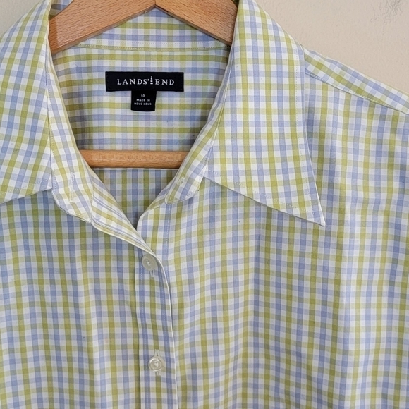 Lands' End | Blue Green White Gingham Check Button Front Shirt - Picture 4 of 5
